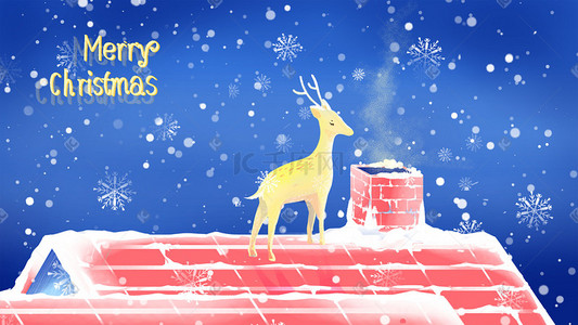 夜色鹿插画图片_圣诞节外国节日蓝色红色唯美卡通插画圣诞