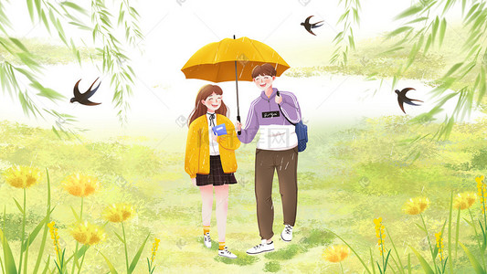 漫步插画图片_下雨天雨中漫步打伞的情侣下载