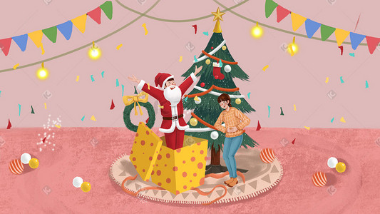 圣诞彩旗插画图片_手绘小清新圣诞节拆礼物的情侣插画圣诞