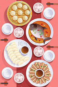 中式料理插画图片_中式传统美食扁平插画