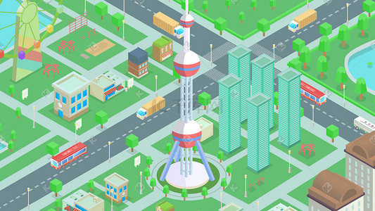 立体3d城市插画图片_2.5D城市插画背景