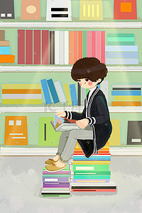 阅读的男孩插画图片_城市生活在读书的男孩