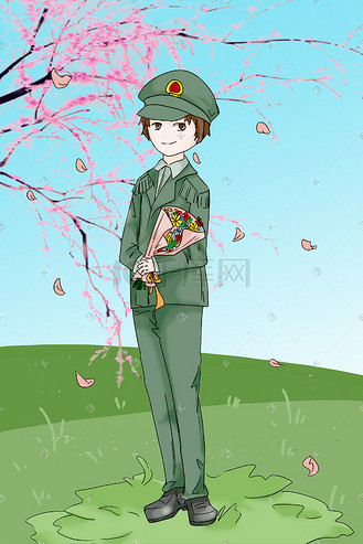卡通手绘八一建军节红军捧花插画党