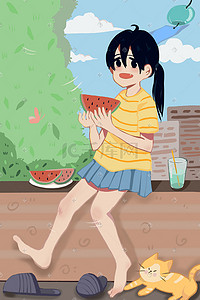 夏天女孩坐在阳台上吃西瓜小清新插画