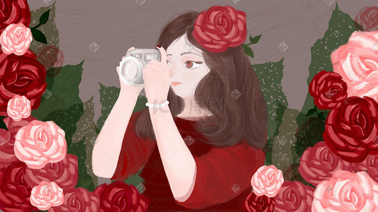古建相机插画图片_手绘质感手拿相机拍照的玫瑰少女