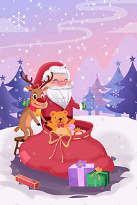 圣诞卡通圣诞节圣诞老人和驯鹿检查礼物圣诞