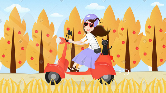 小金色插画图片_小清新国庆小长假女孩带猫骑车出游插画