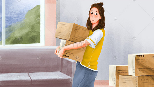 搬家公司箱货插画图片_元气满满的少女搬家场景