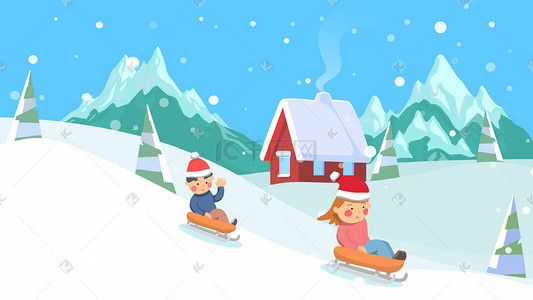 雪橇插画图片_冬日大雪滑雪雪橇雪景插画