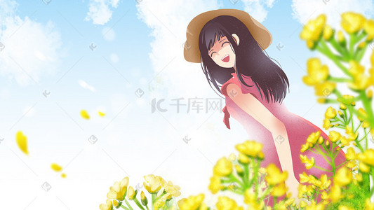 狗围着人转插画图片_阳光下被油菜花包围着的少女