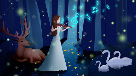 小提琴课插画图片_音乐演奏乐器女孩小提琴深林蓝色唯美手绘