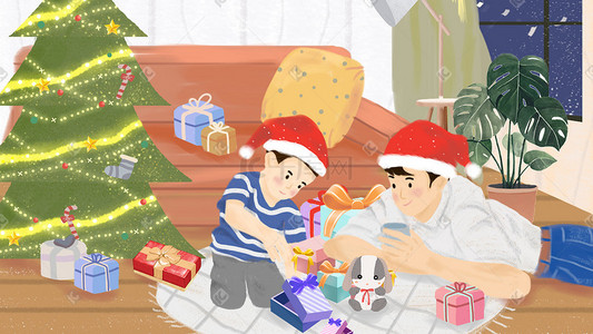 圣诞节圣诞帽插画图片_圣诞节父子在圣诞树下拆礼物圣诞