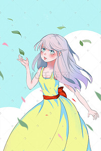 叶子飞舞插画图片_花与少女活泼青春