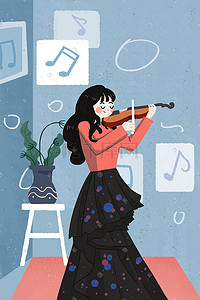 机器卡通插画图片_寒假生活培训少女小提琴音乐卡通唯美插画