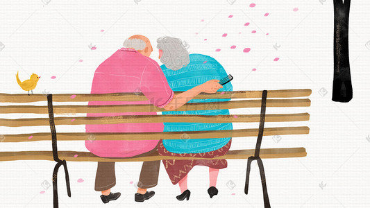 长椅情侣插画图片_社会民生手绘质感老年情侣坐长椅配图