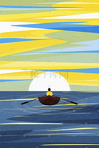 划船的人插画图片_水面上向前划着船只的人