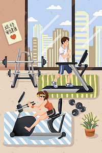 运动展板插画图片_手绘健身房运动健身插画下载科普