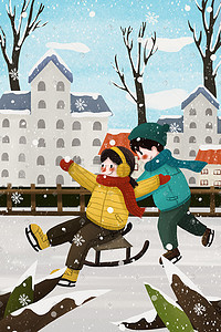 双人座老爷车插画图片_冬天下雪冬季孩子滑雪双人