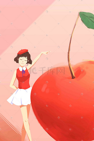 清新唯美水果苹果少女卡通彩色手绘插画