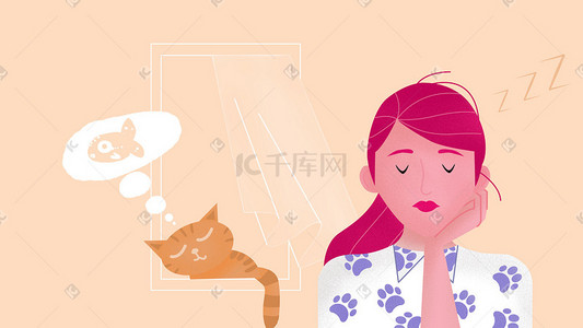 猫咪春插画图片_春困的小姐姐与猫咪