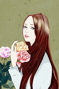 气质模特美女手绘插画图片_文艺气质拿花的女人海报设计
