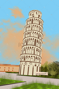 倾斜排版插画图片_著名地标比萨斜塔