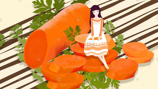 红色手绘少女插画图片_立秋蔬果系列之胡萝卜插画