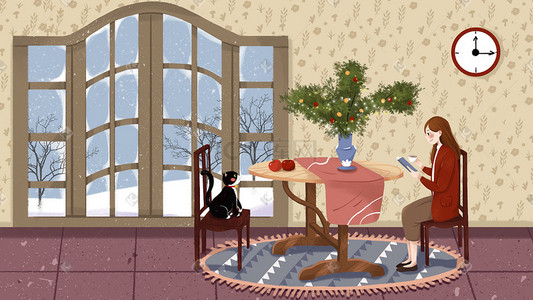 手绘冬季插画图片_手绘冬季窗前的文艺女青年和猫咪插画