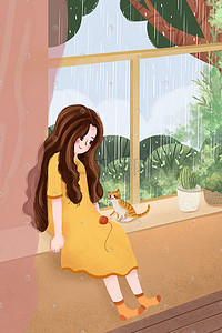 小清新24节气插画图片_小清新谷雨节气女孩窗台休息