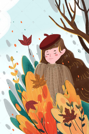 戴画家帽的少女秋日插画
