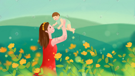 温馨母婴插画图片_妈妈抱着宝宝温馨插画