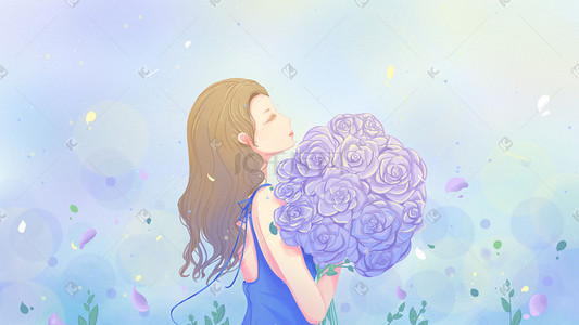 玫瑰女神节插画图片_女王节女生唯美卡通小清新节日蓝色紫色插画