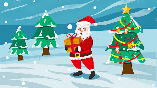 白色圣诞树插画图片_卡通可爱圣诞节圣诞老人送礼插画圣诞