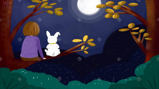 人与动物之兔子赏月