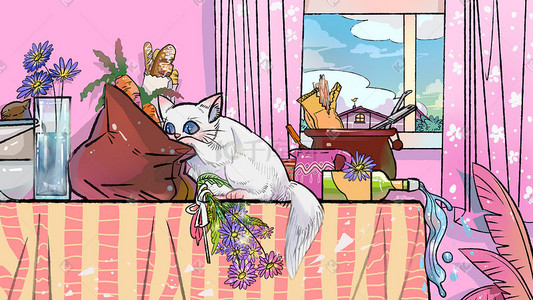 温馨客厅插画图片_温馨客厅生活猫咪插画