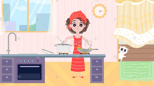 女孩家居插画图片_家居生活一个人做菜厨房猫咪手绘插画