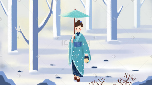 踏雪寒梅插画图片_穿和服的女孩踏雪赏景