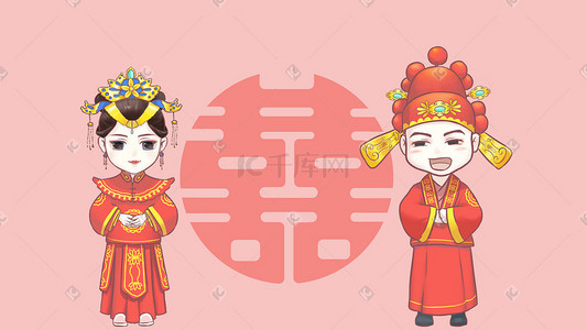 婚礼迎宾人形立牌插画图片_婚礼中式婚服粉色清新插画