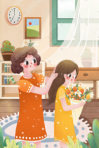 家庭快乐插画图片_小清新母亲节快乐妈妈给女儿梳头