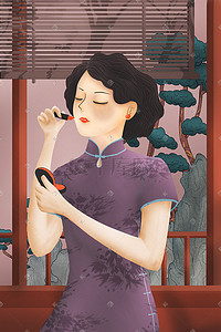 松树植物插画图片_民国风女人妩媚涂口红的女人