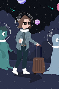 宇宙外星人插画图片_卡通外星人出行旅游航空日科技概念插画科技