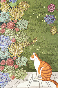 夏季植物海报插画图片_初夏猫咪和多肉插画海报