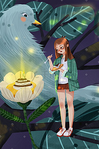 森林派对插画图片_生日快乐过生日蛋糕许愿少女卡通创意插画