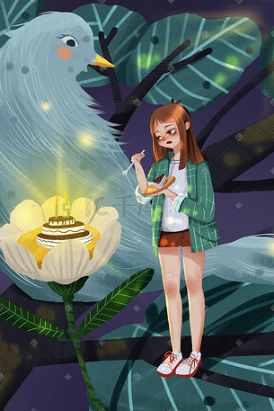 生日快乐过生日蛋糕许愿少女卡通创意插画