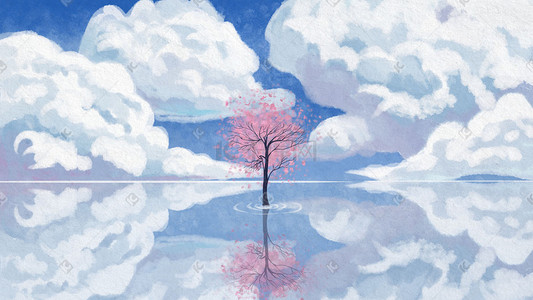 天空樱花树手绘插画