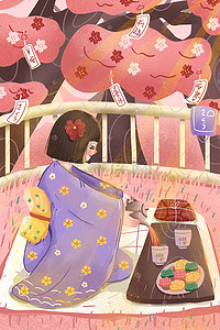 唯美樱花节插画图片_粉色系卡通唯美樱花节和服女孩沏茶野餐配图