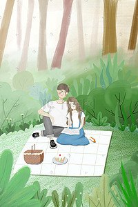 情人节在森林里野餐的情侣绿色小清新插画