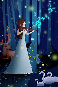 小提琴谱音符插画图片_音乐演奏乐器女孩小提琴深林蓝色唯美手绘