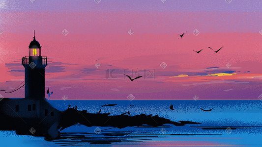 海洋旅行插画图片_蓝紫色旅行出游治愈系风景
