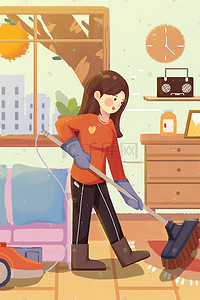 劳动的人插画图片_51劳动节少女打扫卫生室内卡通唯美插画